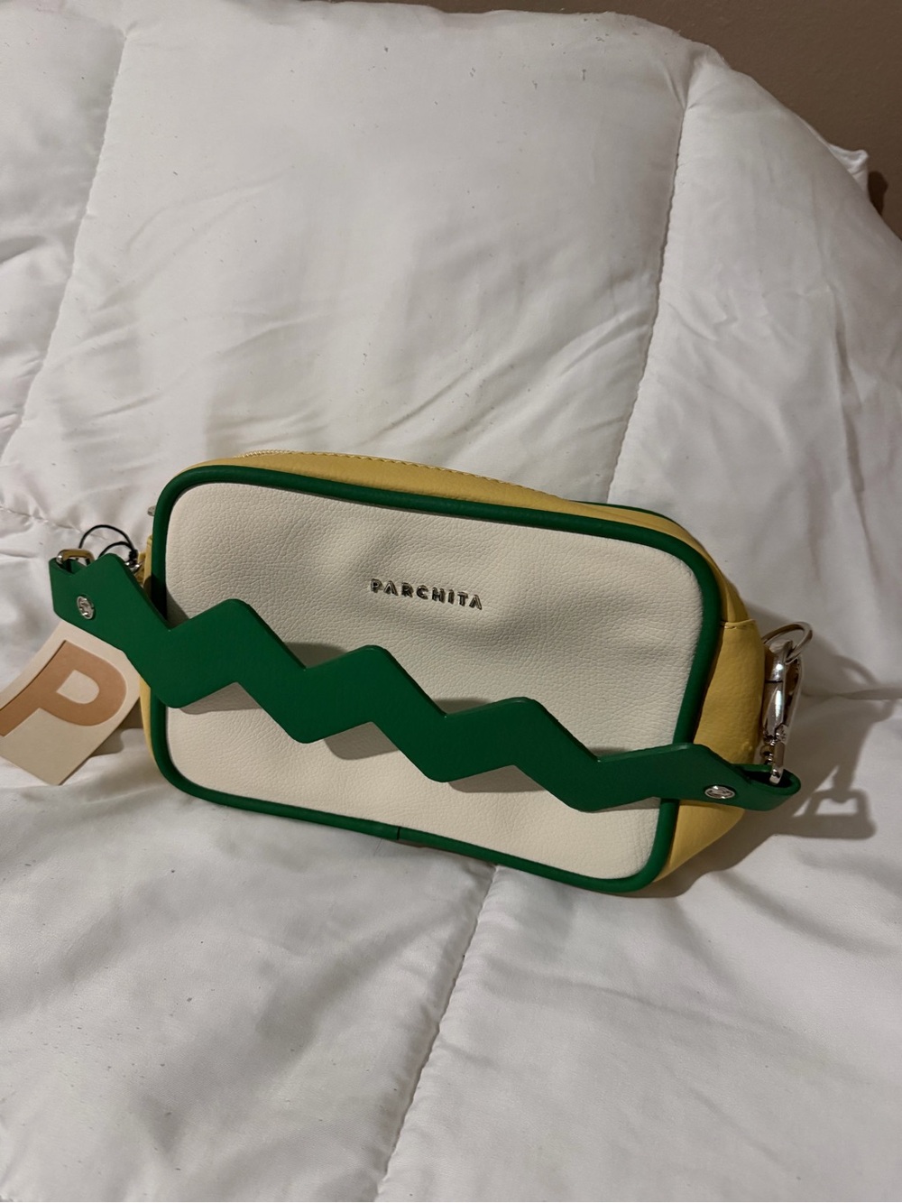 Cream & Yellow Crossbody with Green Zigzag Strap